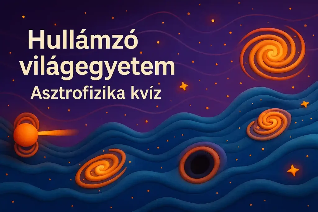 Hullámzó világegyetem – asztrofizika kvíz hero illusztráció gravitációs hullámokkal és galaxisokkal