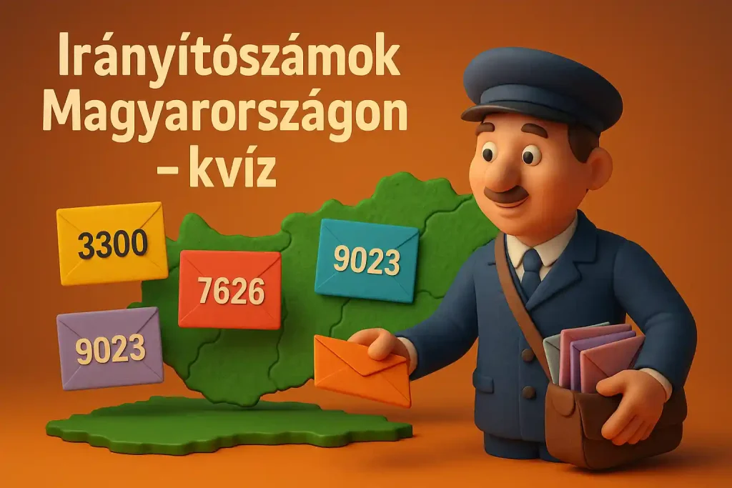 Magyar postás színes borítékokkal Magyarország térképén