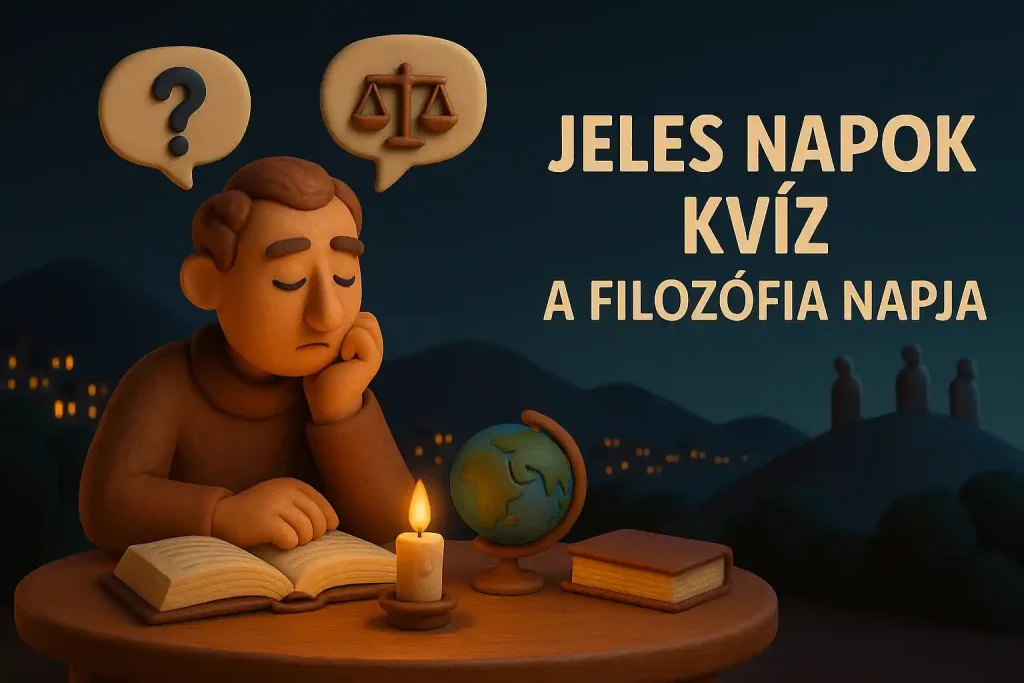 Filozófia Napja kvíz illusztráció, gondolkodó alakokkal, könyvekkel és világgömbbel, játékos, mégis elmélyült hangulatban.