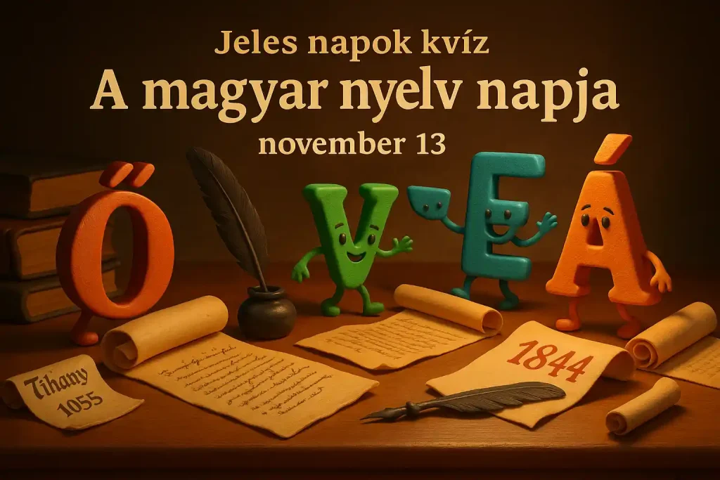 A magyar nyelv napja – játékos, történelmi hangulatú illusztráció betűkkel és kéziratokkal.