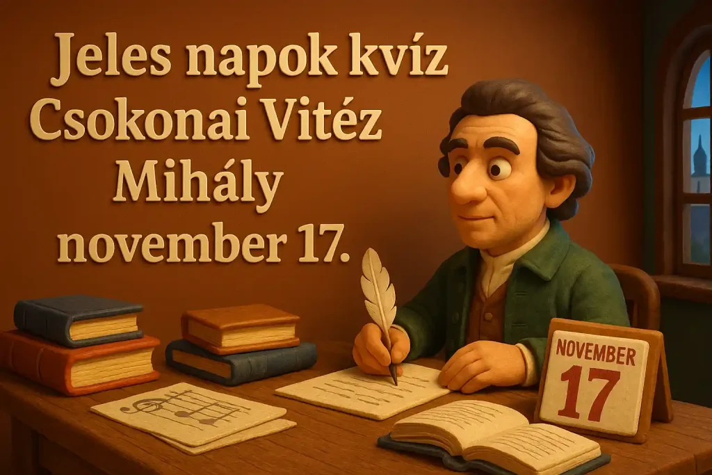 Csokonai Vitéz Mihály kvíz illusztráció, a debreceni költő íróasztalnál ül tollal, könyvekkel és november 17-i naptárlappal.
