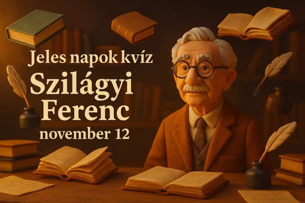 Szilágyi Ferenc életét idéző illusztráció könyvekkel és kéziratokkal