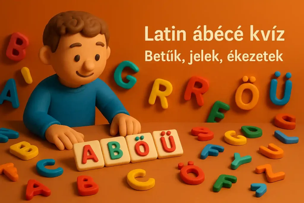 Latin ábécé kvíz hero kép színes betűkkel, ékezetekkel és játékos írásjelekkel.