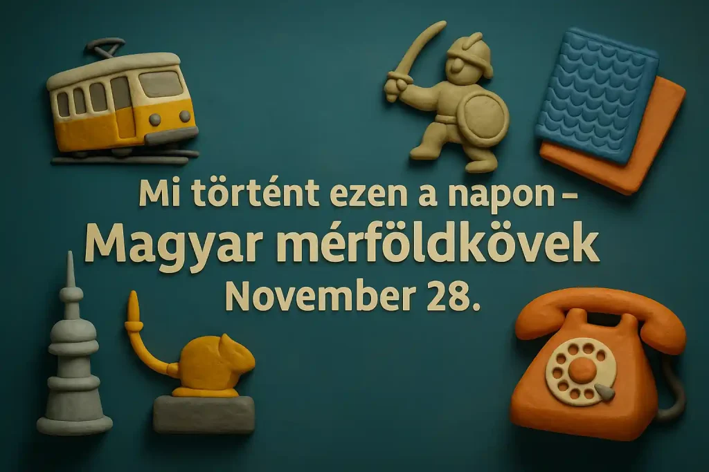 Magyar mérföldkövek november 28 körül, történelmi és kulturális kvízhez készült clay stílusú illusztráción.