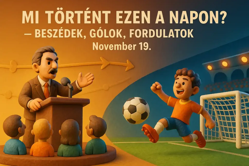 Mi történt ezen a napon kvíz – November 19, ikonikus beszédek, gólok és történelmi fordulatok játékos illusztráción
