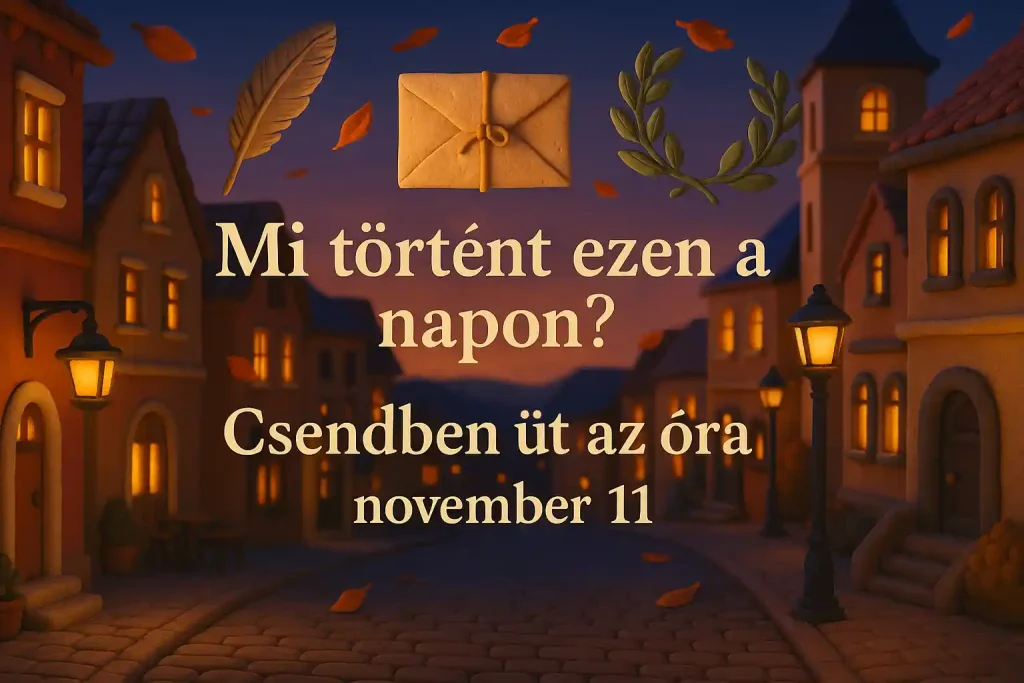 Őszi városi utca 3D clay stílusban, levegőben lebegő tollal, levéllel és babérkoszorúval.