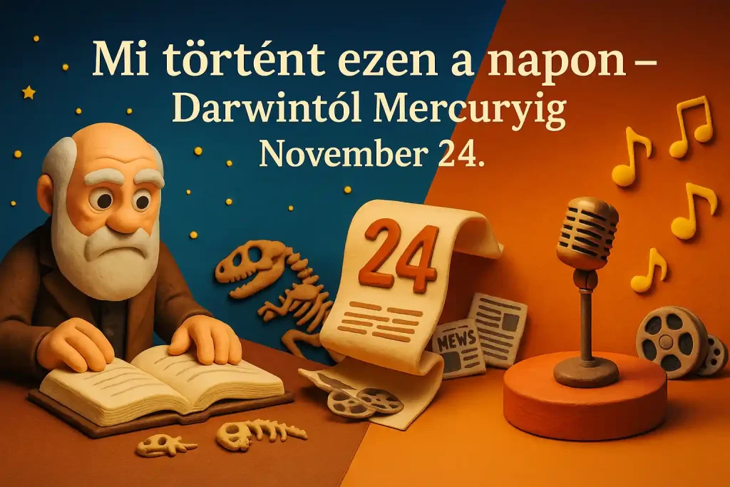 Mi történt ezen a napon kvíz – Darwintól Mercuryig – November 24. – színes illusztráció történelmi és zenei motívumokkal.
