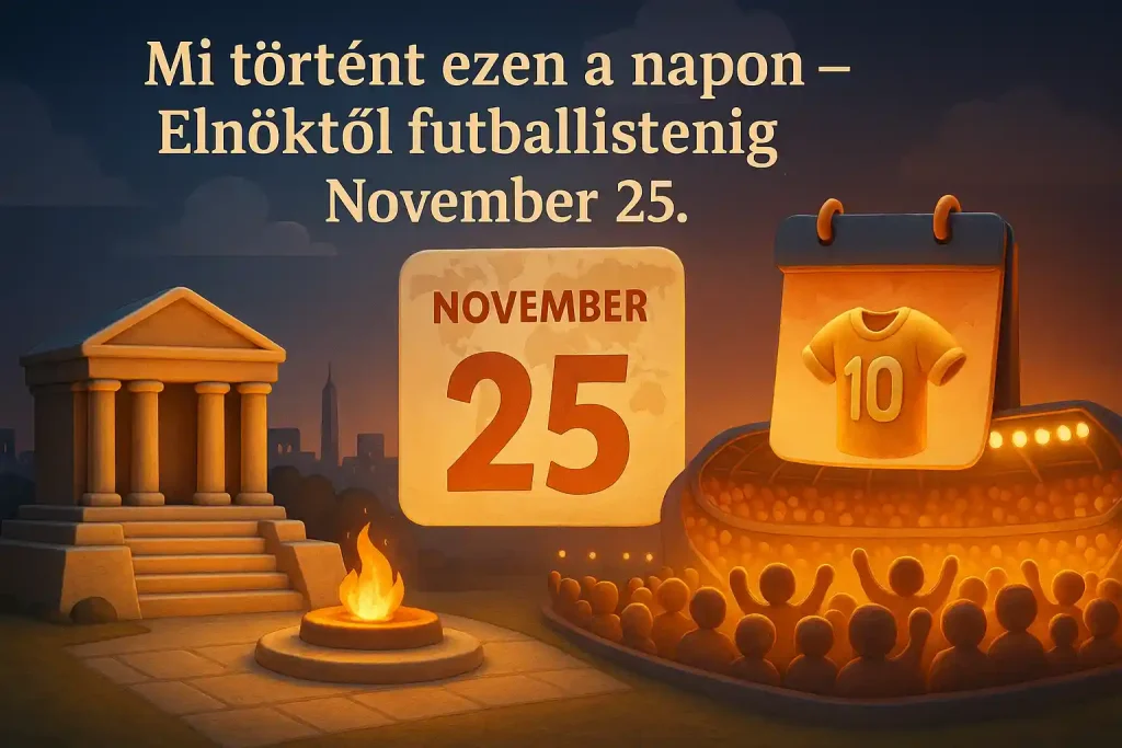 Mi történt ezen a napon – Elnöktől futballistenig – November 25. kvíz hero képe elnöki emlékművel és futballstadionnal.