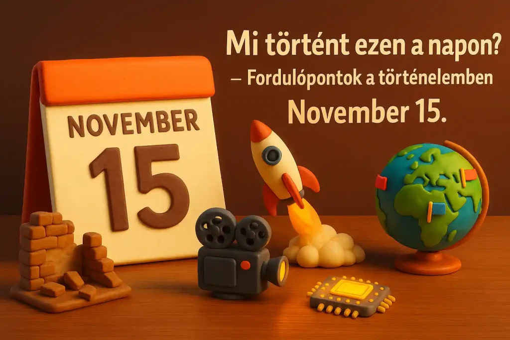 Mi történt ezen a napon – November 15 hero kép: történelmi fordulópontokat jelképező ikonok, naptár és földgömb.