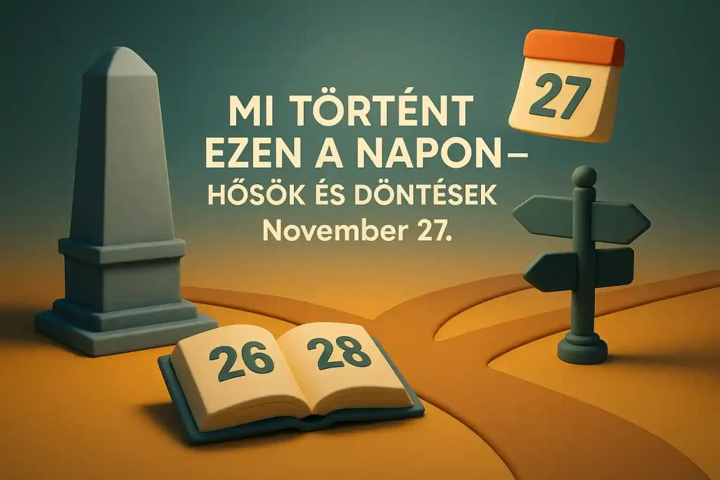 Mi történt ezen a napon november 27 jelenete: emlékmű, elágazó utak és dátummal jelölt naptár a hősök és döntések hangulatához.