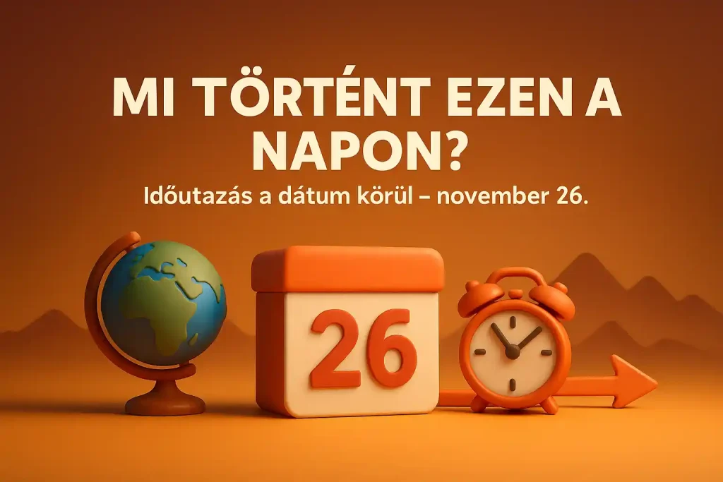 Mi történt november 26-án? Naptárlap, óra, földgömb és sport-, film- és történelem-szimbólumok egy stilizált idővonalon.