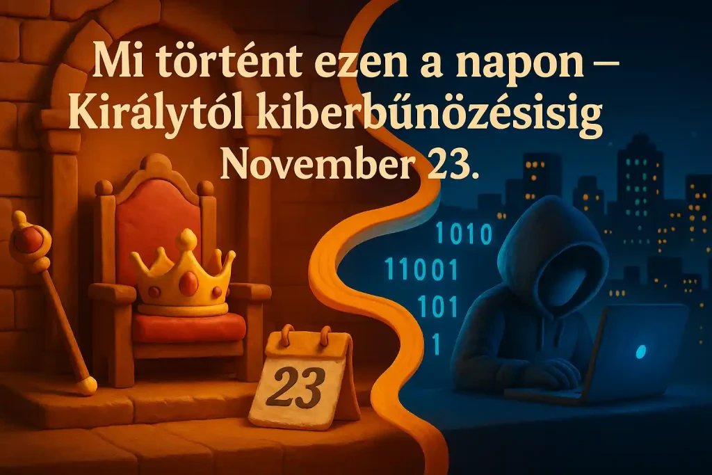 Mi történt ezen a napon november 23 kvíz hero kép, királyi korona és digitális világ motívumaival.