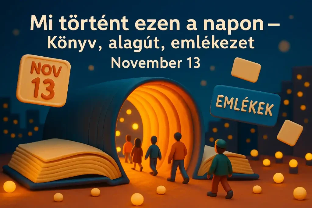 November 13 – könyvlapból nyíló alagút, városi fényekkel és emlékkártyákkal.