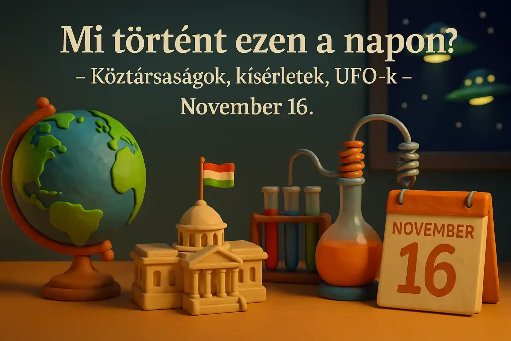 Mi történt ezen a napon kvíz hero kép: november 16., köztársaság, laboratórium és UFO-szerű fények játékos illusztrációja.