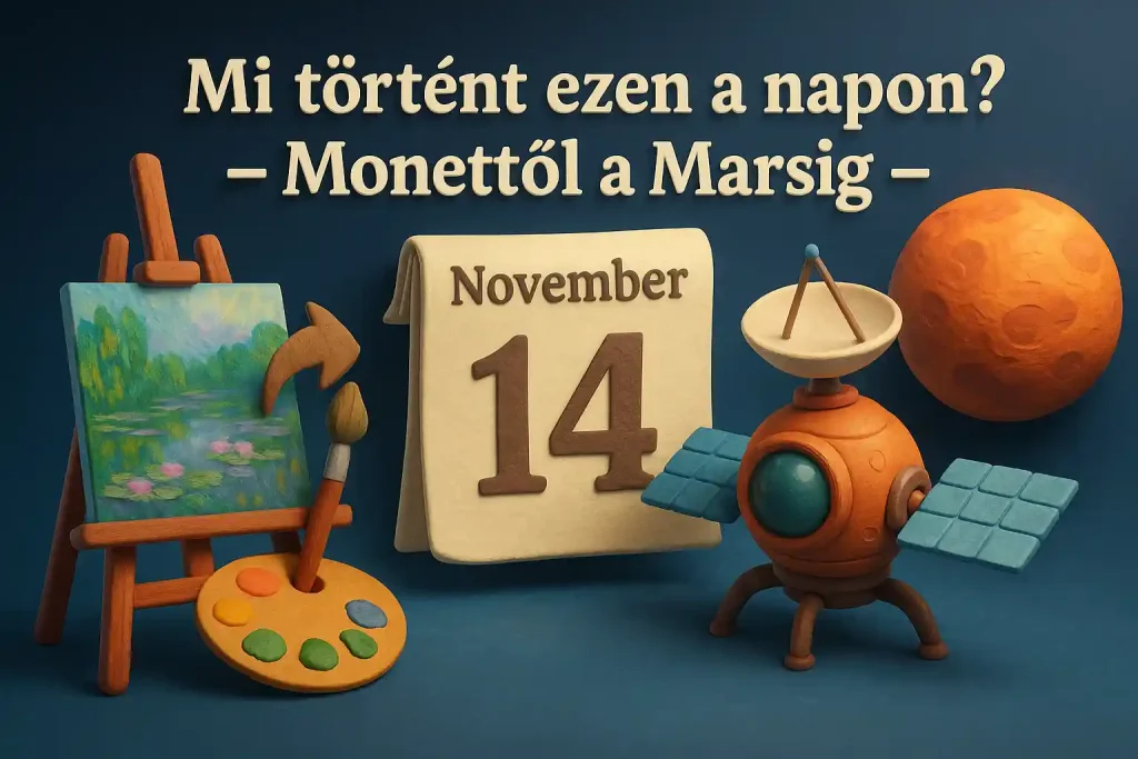 Impresszionista festőállványból Mars körüli űrszondává alakuló jelenet „Mi történt ezen a napon – November 14” felirattal.