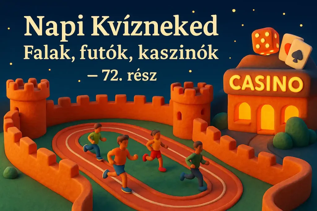 Napi Kvízneked – Falak, futók, kaszinók – 72. rész hero illusztráció városfalakkal, futókkal és kaszinó-jelképekkel