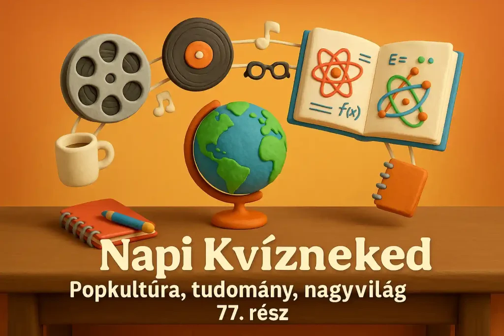 Napi Kvízneked – popkultúra, tudomány, nagyvilág kvíz hero illusztrációja könyvekkel, földgömbbel és ikonikus jelképekkel