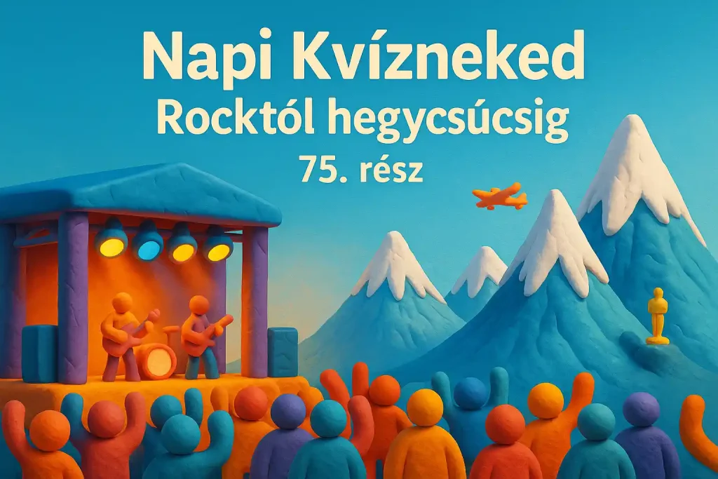 Színes 3D clay rockkoncert színpad, amely havas hegycsúcsokba olvad át, Napi Kvízneked hangulattal