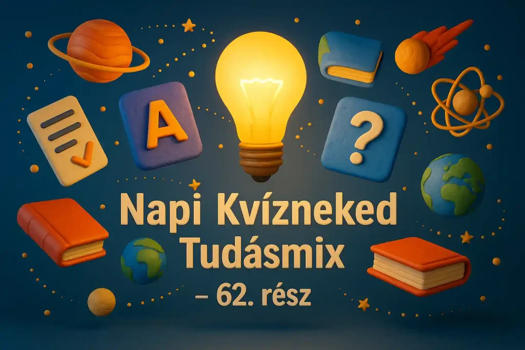 Napi Kvízneked Tudásmix illusztráció, színes könyvek és tudáskártyák 3D stílusban