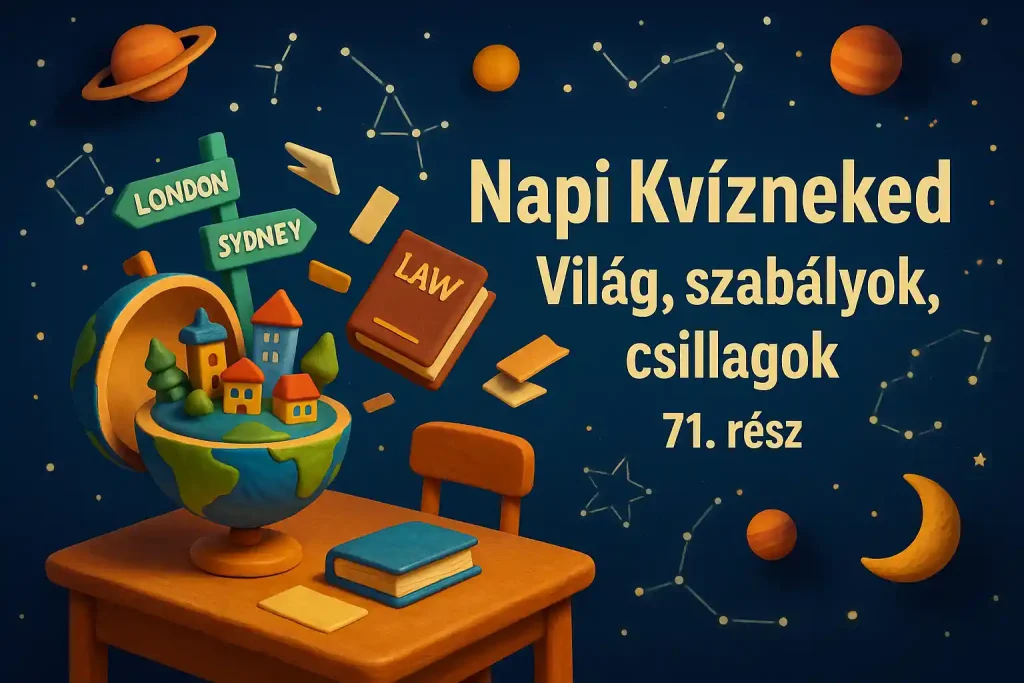 Napi Kvízneked – világ, szabályok, csillagok kvíz hero képe, furcsa szabályokkal és csillagos égbolttal.