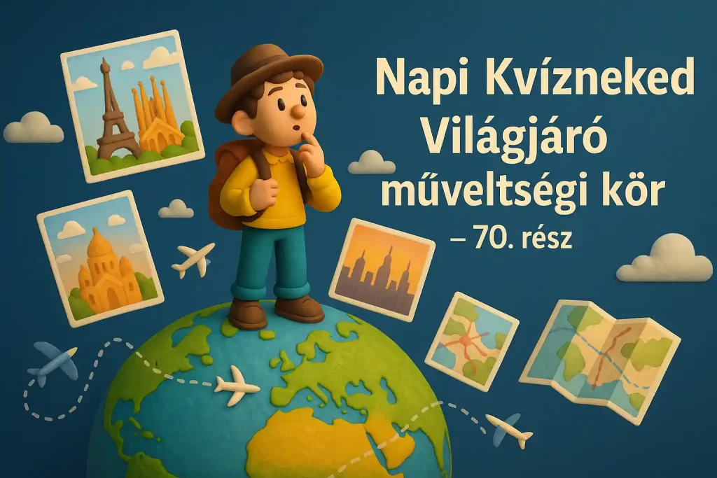 Világjáró műveltségi kvíz illusztráció földgömbbel, ikonikus városokkal és kíváncsian nézelődő utazóval.