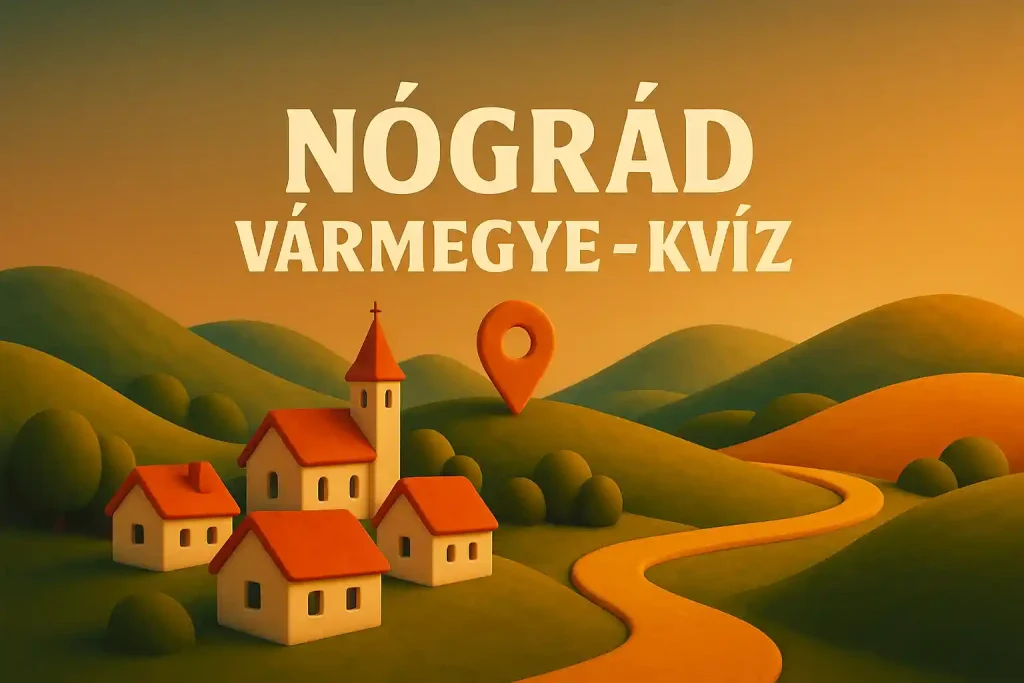 Nógrád vármegye kvíz hero kép palóc falvakkal, dombokkal és stilizált térképen jelölt Hollókővel és Salgótarjánnal.