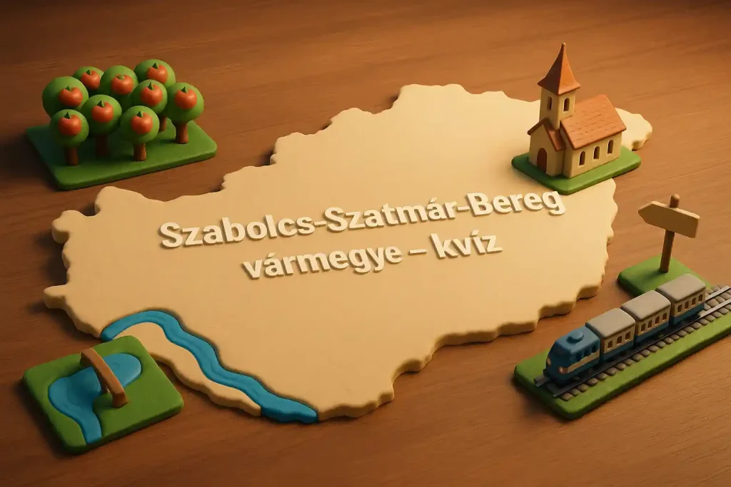 Szabolcs-Szatmár-Bereg vármegye kvíz hero kép almaültetvénnyel, folyóval, templommal és határmenti vonattal egy illusztrált térképen.