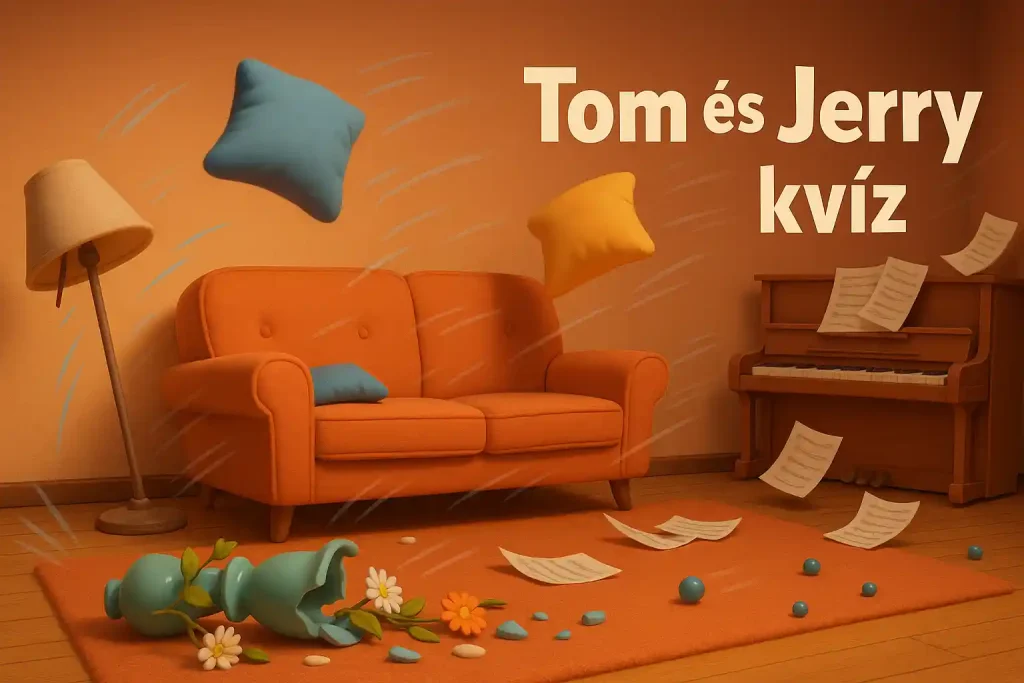 Tom és Jerry kvíz hero kép – retro nappali kaotikus jelenettel, láthatatlan kergetőzés hangulatával