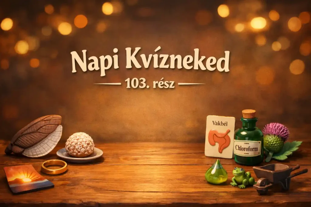 Vegyes tudás kvíz hero kép: 10 témát jelző ikonok egy asztalon, „Napi Kvízneked – 103. rész” felirattal.