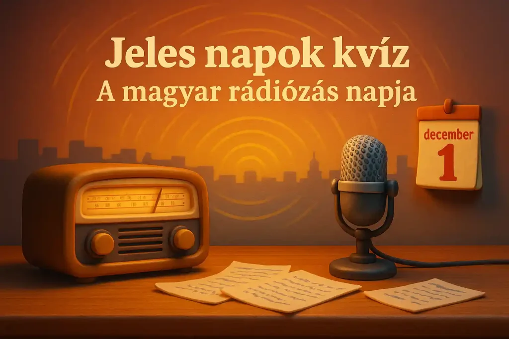 Jeles napok kvíz hero kép a magyar rádiózás napjáról, vintage rádióstúdió hangulattal.