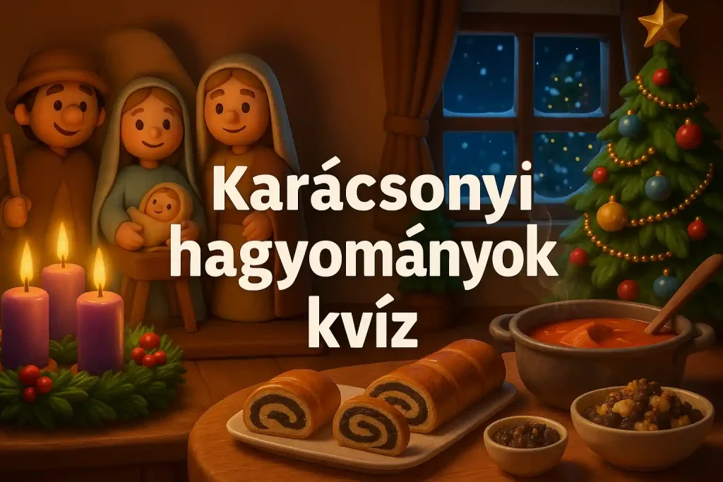 Magyar karácsonyi hagyománykvíz hero kép adventi koszorúval, karácsonyfával és ünnepi magyar ételekkel.