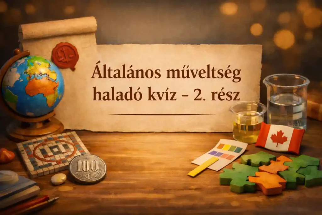 Általános műveltség haladó kvíz 2. rész illusztráció földrajz, történelem és tudomány jelképeivel.