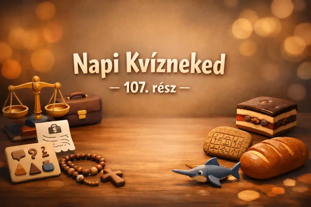 Általános műveltség kvíz asztali csendélet jogi, nyelvi és gasztronómiai szimbólumokkal, „Napi Kvízneked – 107. rész” felirattal.