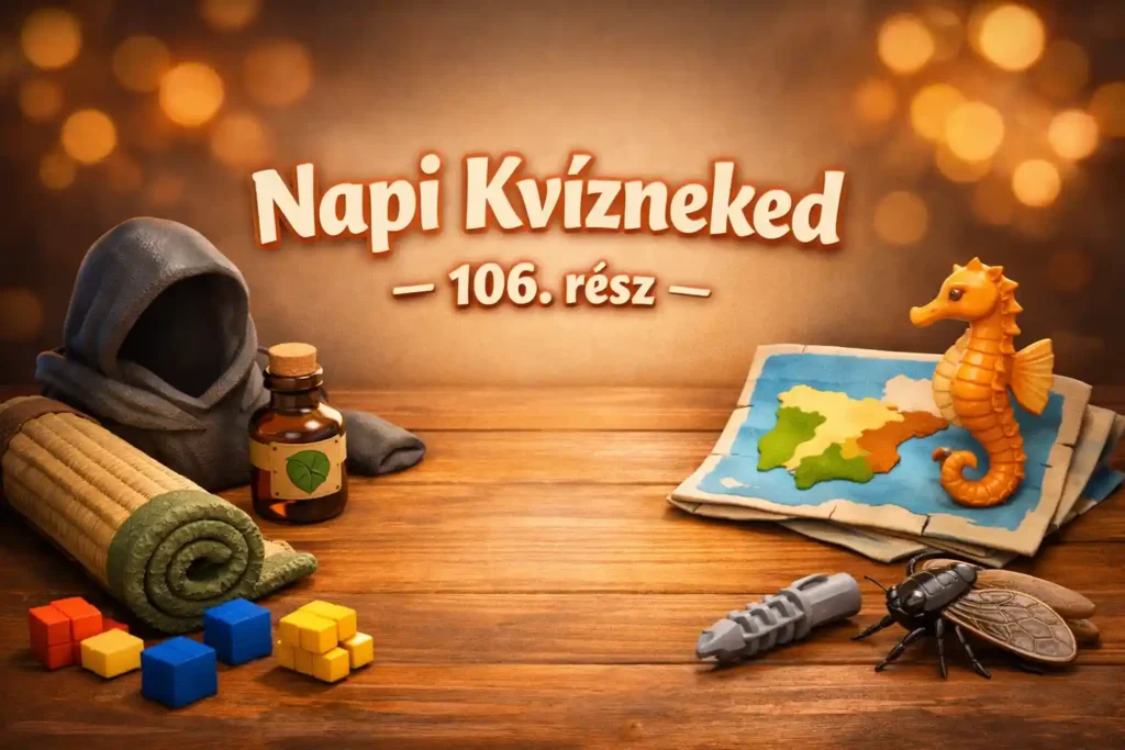 Általános műveltség kvíz hangulatkép vegyes tudáspróbához, tárgyakkal és ikonikus jelképekkel.