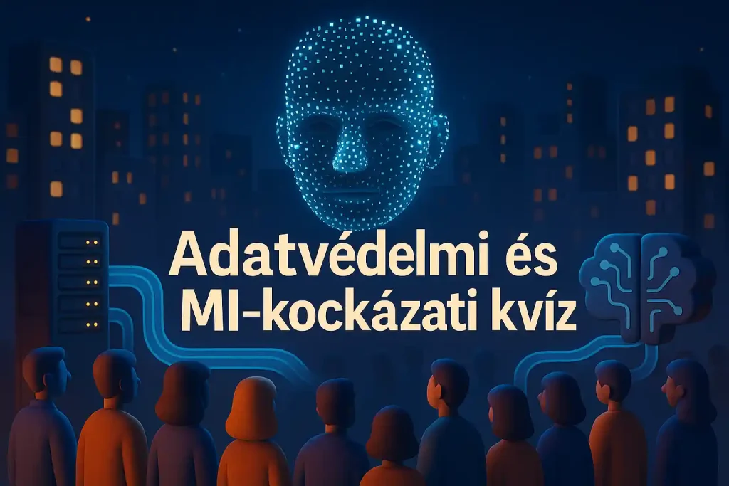 Adatvédelmi és MI-kockázati kvíz hero kép arcfelismerés és adatfolyamok szimbolikus ábrázolásával.