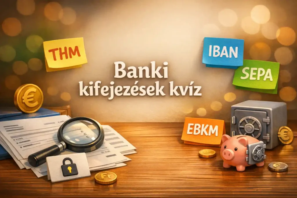 3D illusztráció banki kifejezésekről: THM, IBAN, SEPA és biztonságos online fizetés jelképei egy asztalon.