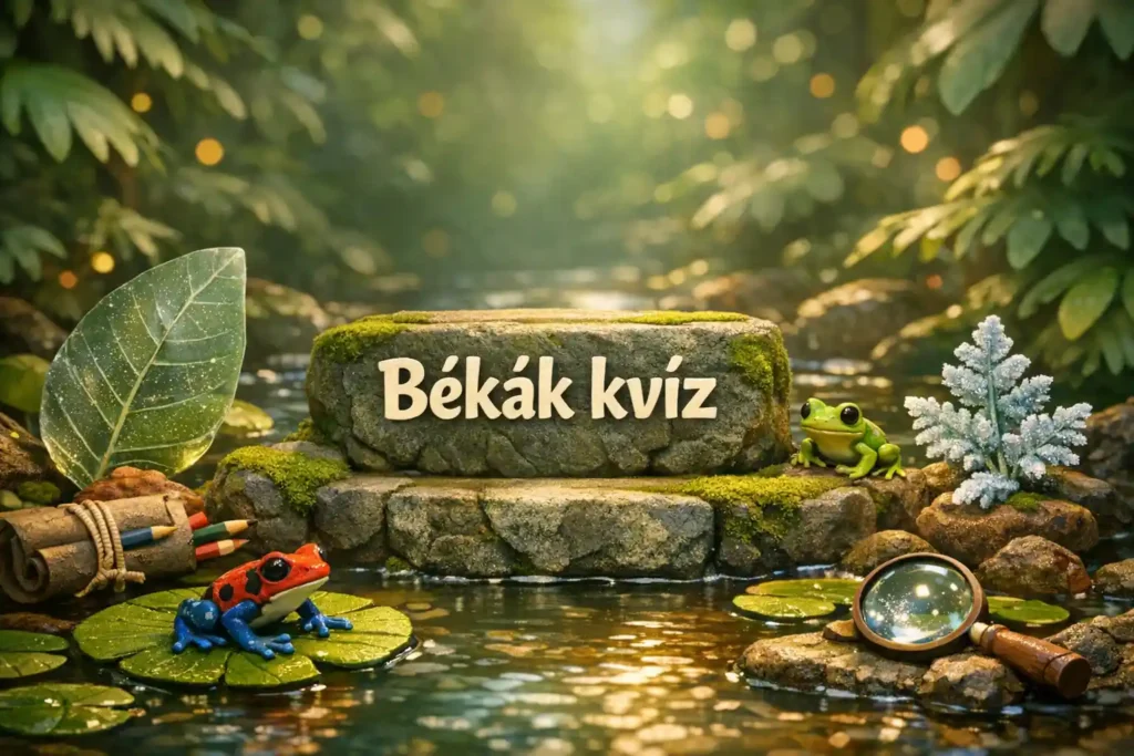 Békák kvíz hero kép erdei patakparti jelenettel és különleges béka-utalásokkal.