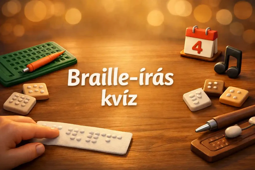 Braille-írás kvíz hero kép Braille-táblával, pontíróval és domborított pontmintákkal.