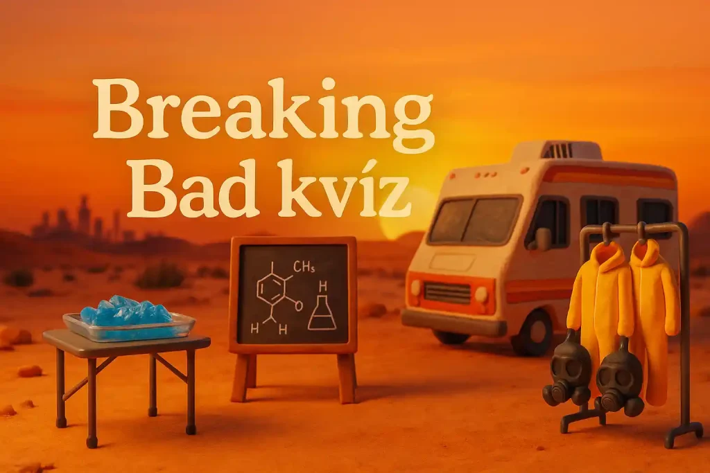 Breaking Bad kvíz hero kép egy sivatagi lakóautóval, kék kristályokkal és kémiai táblával.