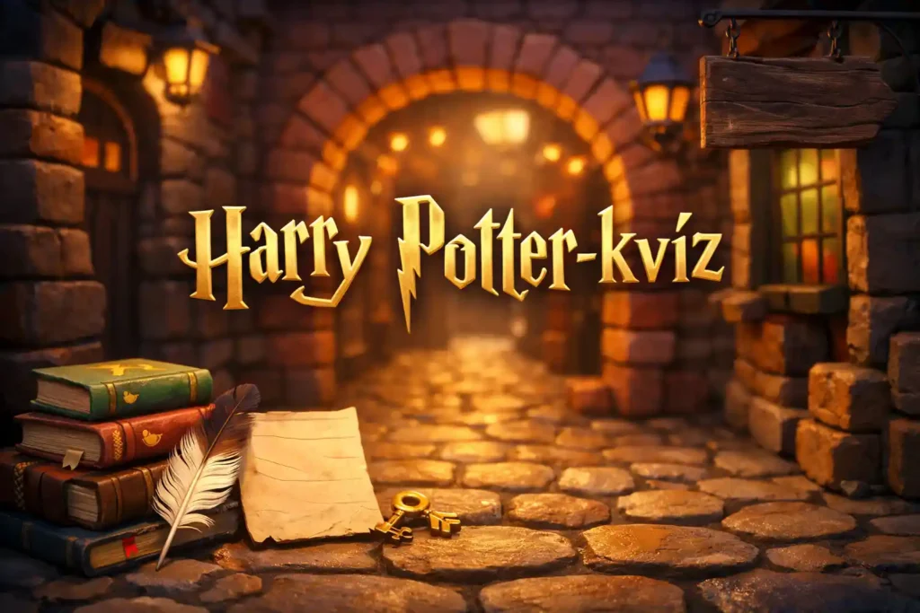 Harry Potter kvíz hangulatkép az Abszol út boltjaival, könyvekkel és varázsvilágos kellékekkel.