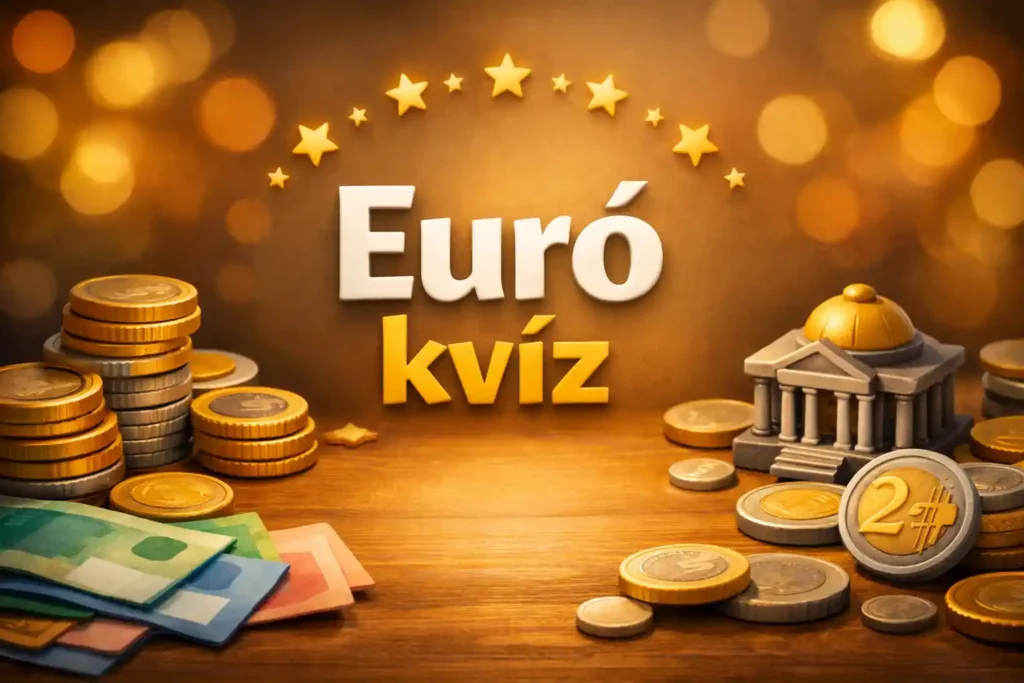 Euró kvíz hangulatkép euróérmékkel, bankjegy-szimbólumokkal és központi bankos motívumokkal.