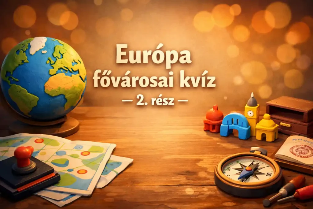 Európa fővárosai kvíz 2. rész hero kép: térkép, mini földgömb és jelölőtűk egy hangulatos asztalon.