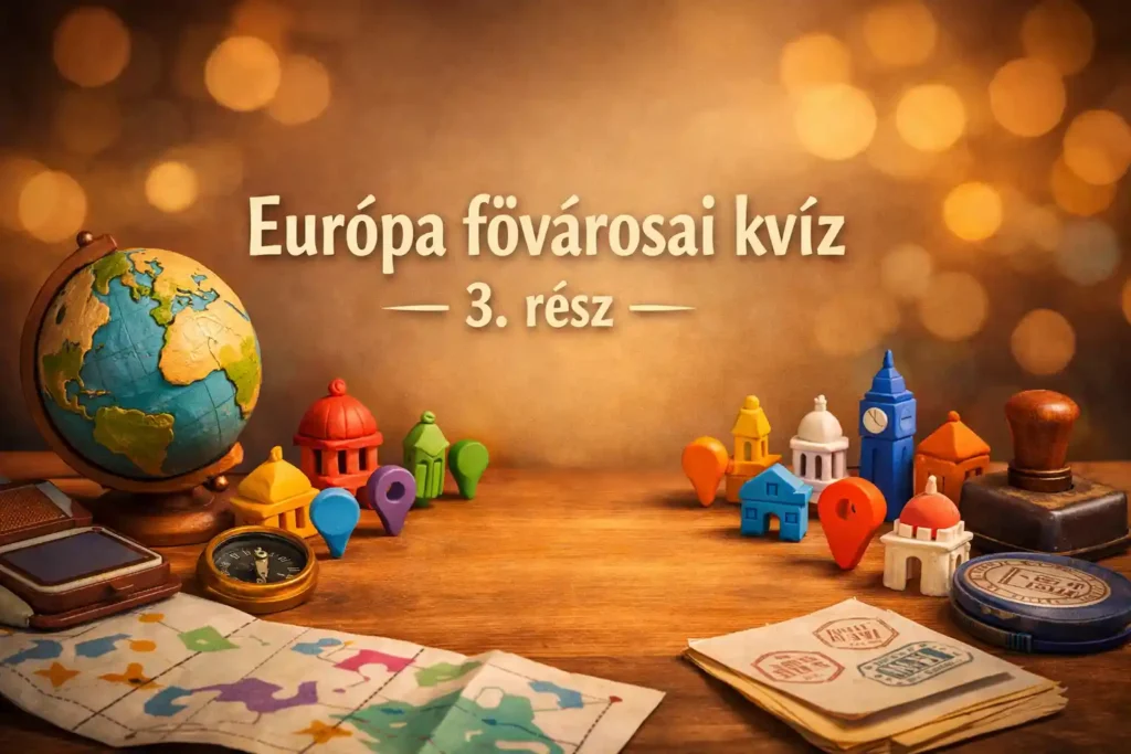 Általános műveltség kvíz hero kép: földgömb, térkép, csikóhal figura és tech-kockák egy hangulatos asztalon.