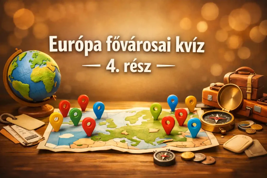 Európa fővárosai kvíz 4. rész hero kép térképes-asztali hangulattal, földrajzi tudáspróbához.