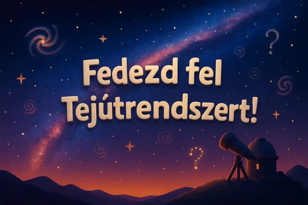 Illusztráció a Tejútrendszer kvízhez, a galaxis fénylő sávjával az éjszakai égbolton egy hegyi obszervatórium fölött.