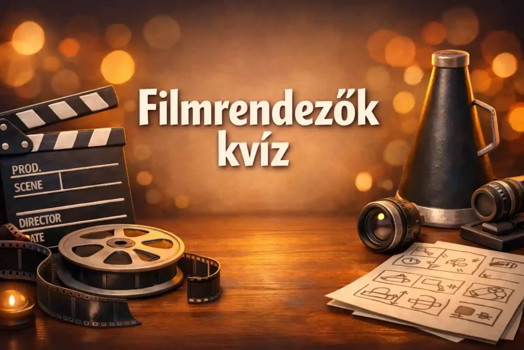 Filmrendezők kvíz – filmes rendezői asztal csapóval és filmszalaggal, hangulatos, mozis díszletben.