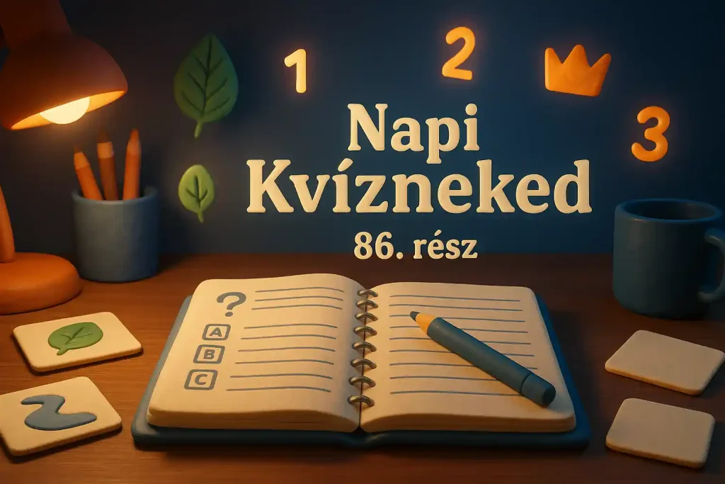 Vegyes alapműveltségi kvíz hero kép egy tanulóasztallal és tudásikonokkal – Napi Kvízneked 86. rész.