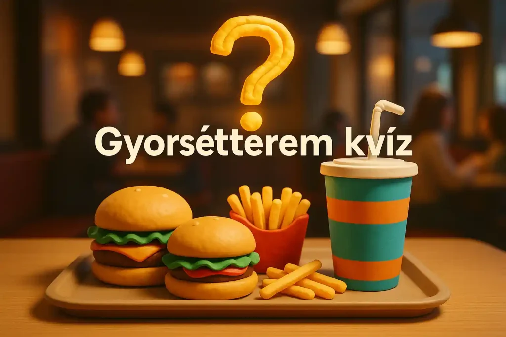 McDonald’s kvíz hero illusztráció tálcán lévő hamburgerekkel, vékony sült krumplival és egy lebegő kérdőjellel.