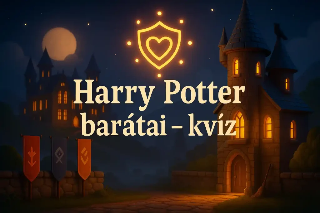 Harry Potter barátai kvíz hero kép: éjszakai, varázslatos kastély, fénylő pajzs- és szívszimbólummal az égen, a hűség és bátorság hangulatával.