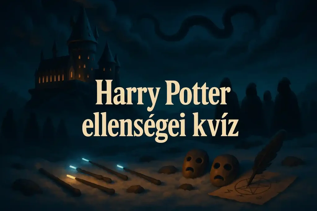 Harry Potter ellenségei kvíz hero kép egy sötét varázslatos kastéllyal, árnyakkal és fenyegető égi jellel.